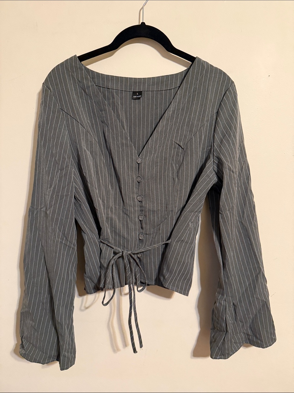 Striped Gray Tie-Waist Long Sleeve Top